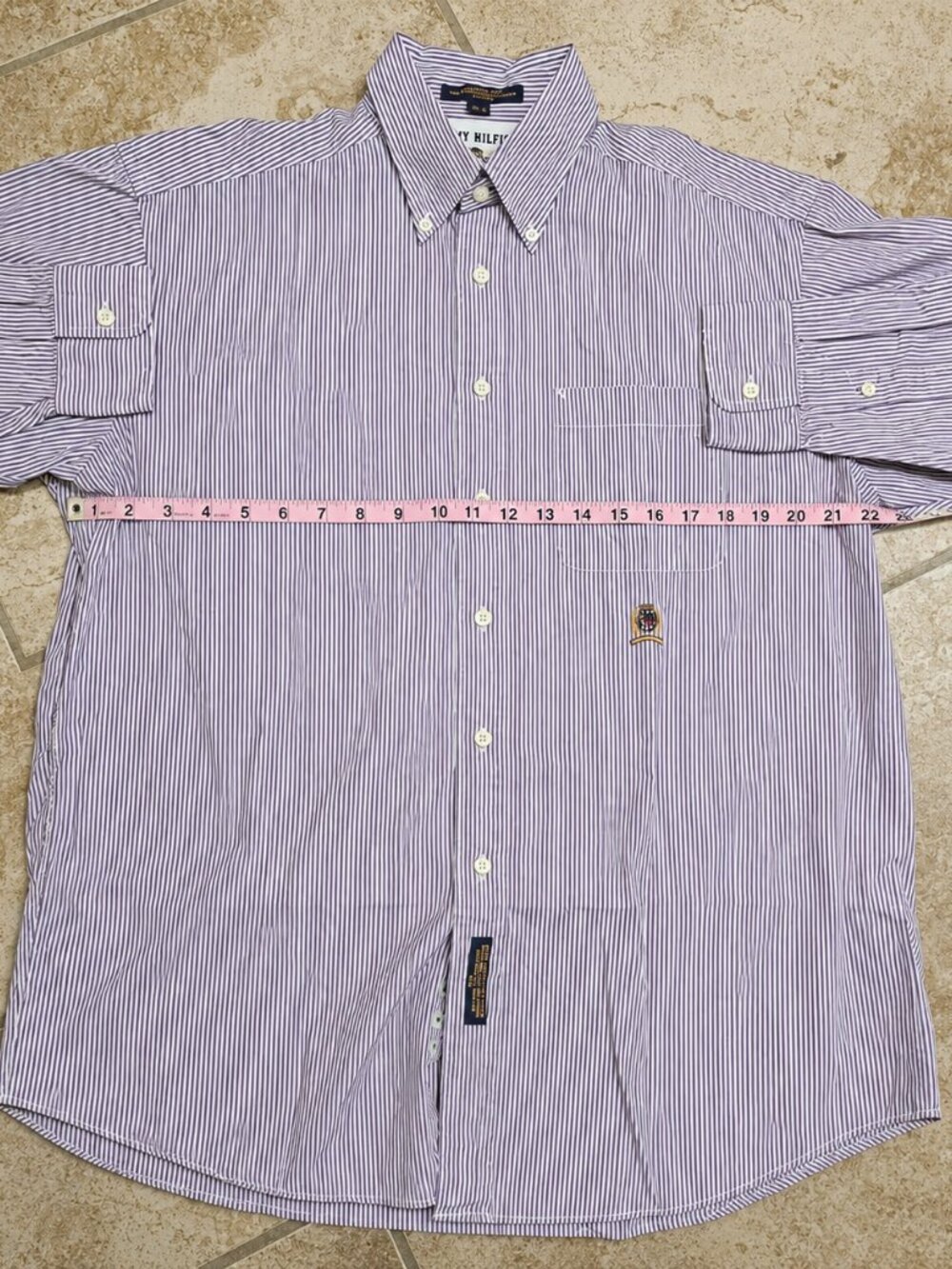Vintage 90s Tommy Hilfiger Crest Pinstripe Shirt L 16-34 Classic Ivy League Prep - Picture 8 of 8